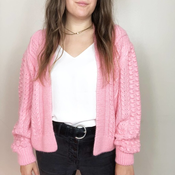 H&M | Women's Medium Coral Pink Chunky Knit Wool Cardigan Sweater Bobble Pompom - Picture 5 of 8